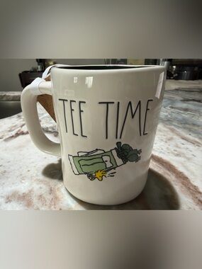 Rae Dunn Cream Ceramic "TEA TIME" Mug with Green and Yellow Illustration